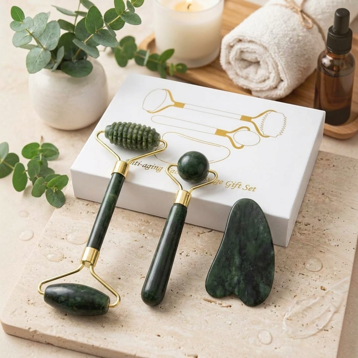 Set massaggio viso 3 in 1: roller e gua sha in pietra verde