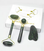 Set massaggio viso 3 in 1: roller e gua sha in pietra verde
