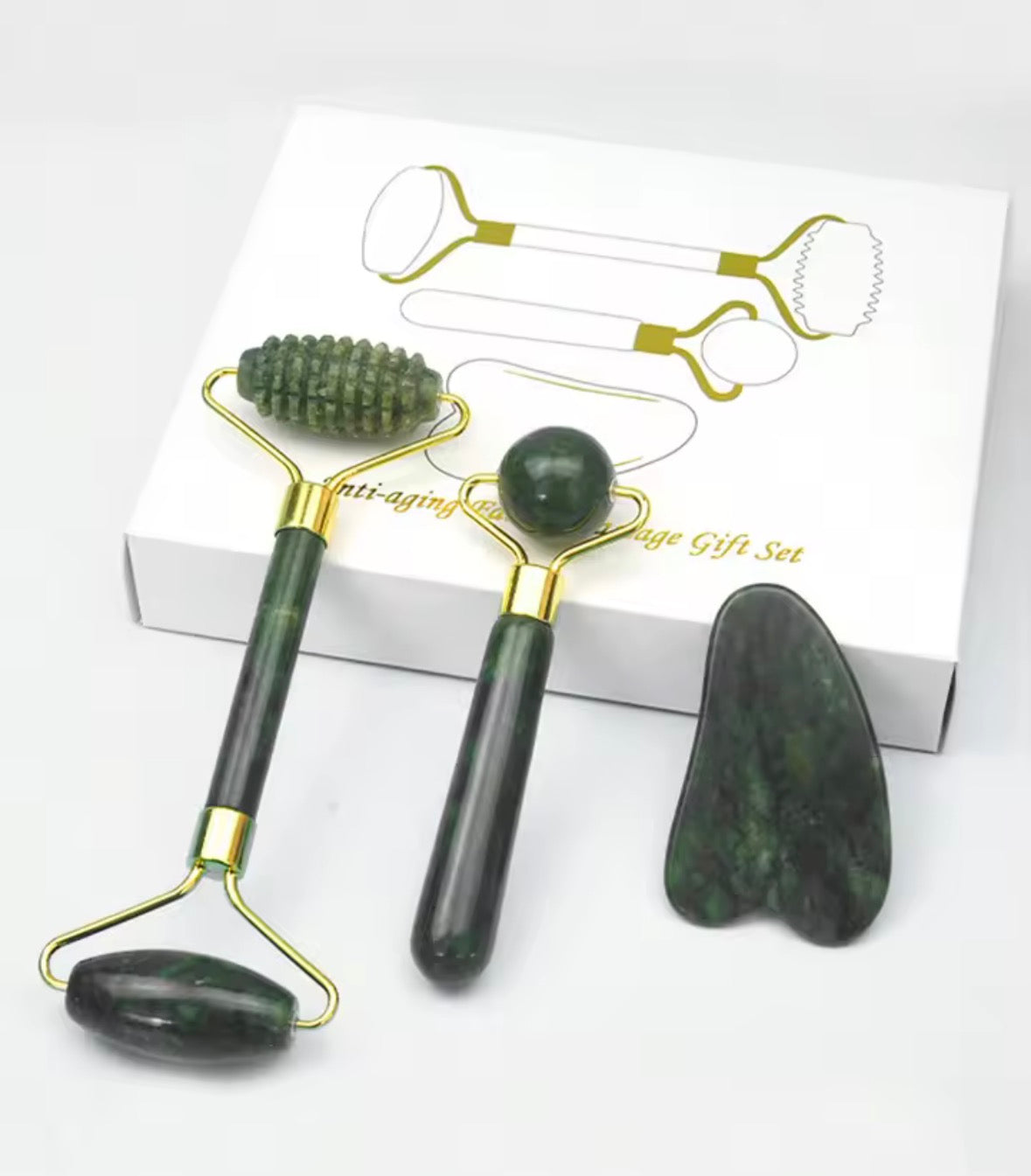 Set massaggio viso 3 in 1: roller e gua sha in pietra verde